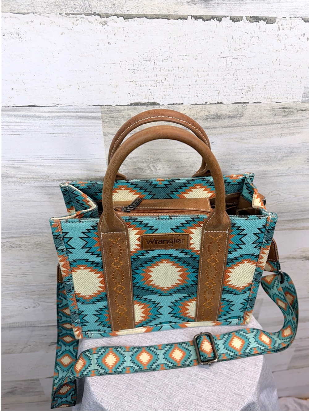 Wrangler Southwestern Aztec Canvas Tote Crossbody Bag Turquoise Western Chic - Picture 5 of 14